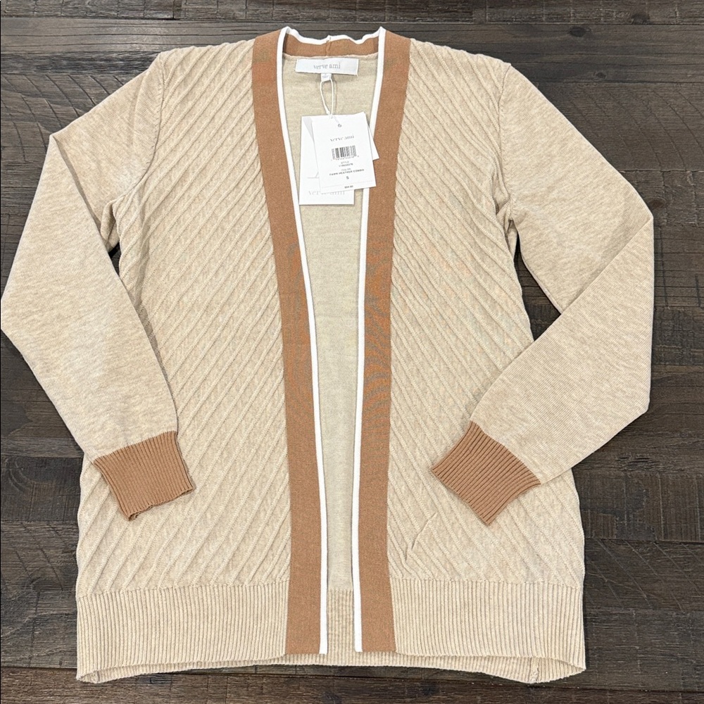 Verve Ami Cardigan Fawn Heather Combo Tan Stripe Ribbed Long Sleeve S - Picture 3 of 16